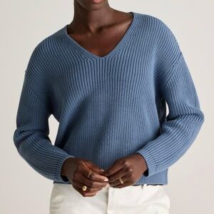 Quince 100% Organic Cotton Fisherman V-Neck Sweater Blue Sleeved Top Size Small
